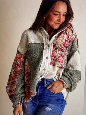 POL Olive and Cream Button Front Shirt Jacket With Floral Detail